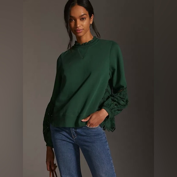 Anthropologie green eyelet sleeve sweatshirt top - Picture 1 of 11